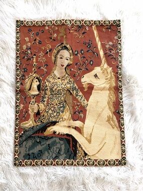 Vintage Lady and Unicorn Belgian Hanging Woven Wall Tapestry 24”x18” Cotton